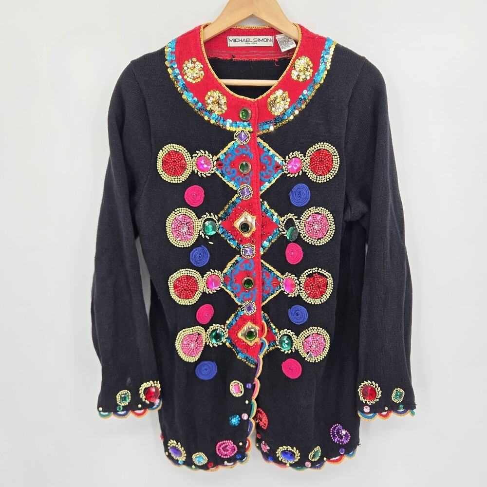 90s Vintage Micheal Simon Colorful Beaded Jeweled Sweater Statement Art Size L